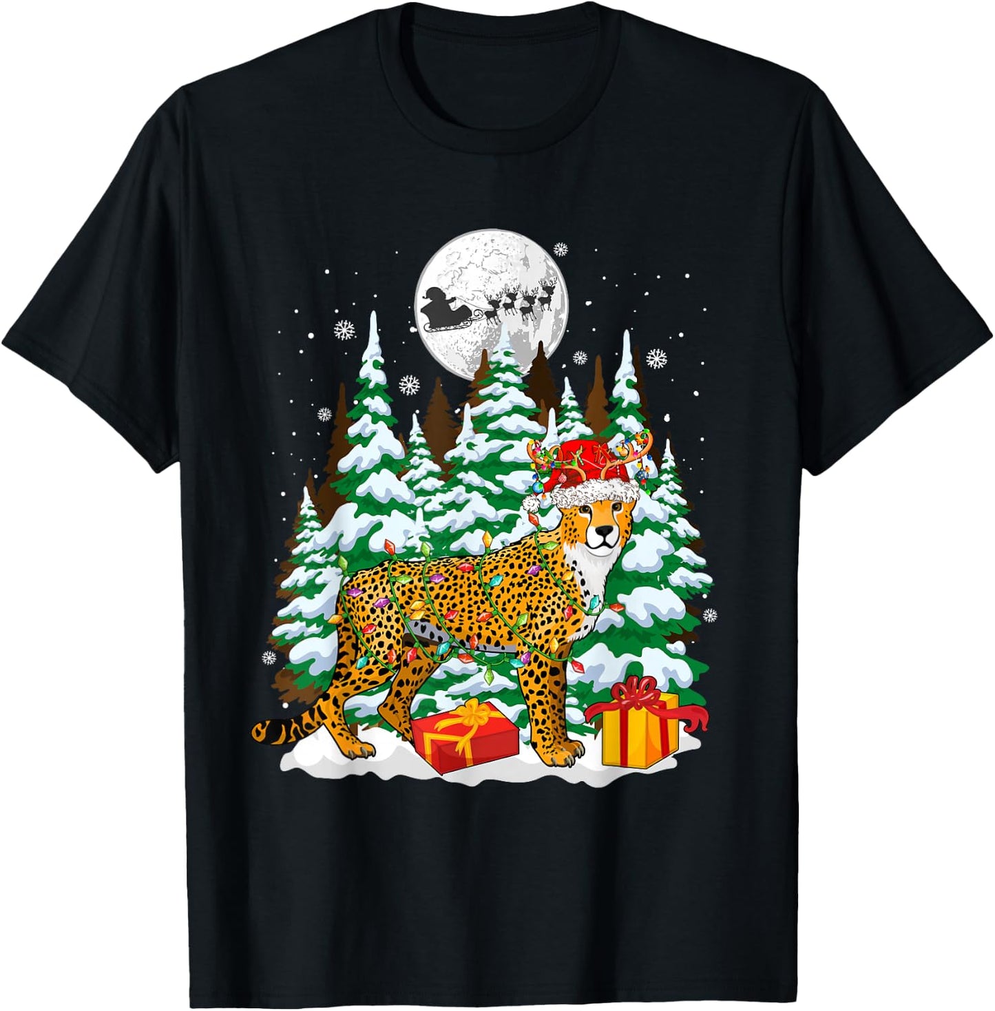Santa Reindeer Cheetah Christmas Trees Animal Lover Kids T-Shirt - T-Shirt | Black