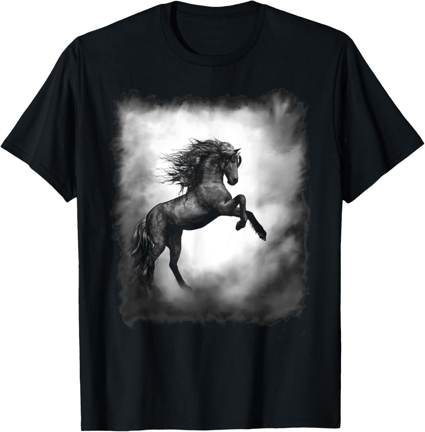 Black Wild Stallion Horse Rearing up with flowing mane T-Shirt - T-Shirt | Black
