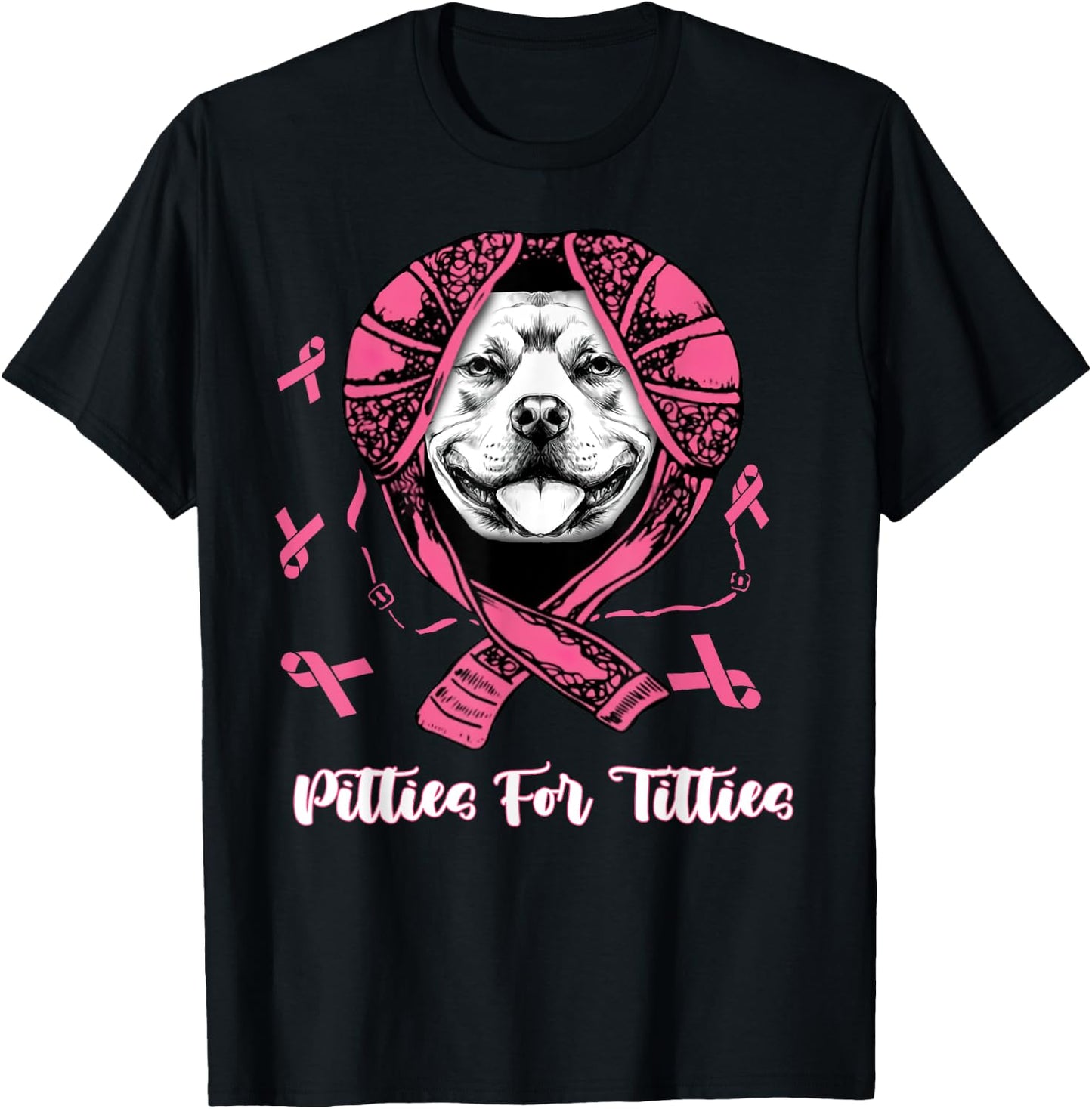 Pitties For Titties Funny Pitbull Breast Cancer Awareness T-Shirt - T-Shirt | Black