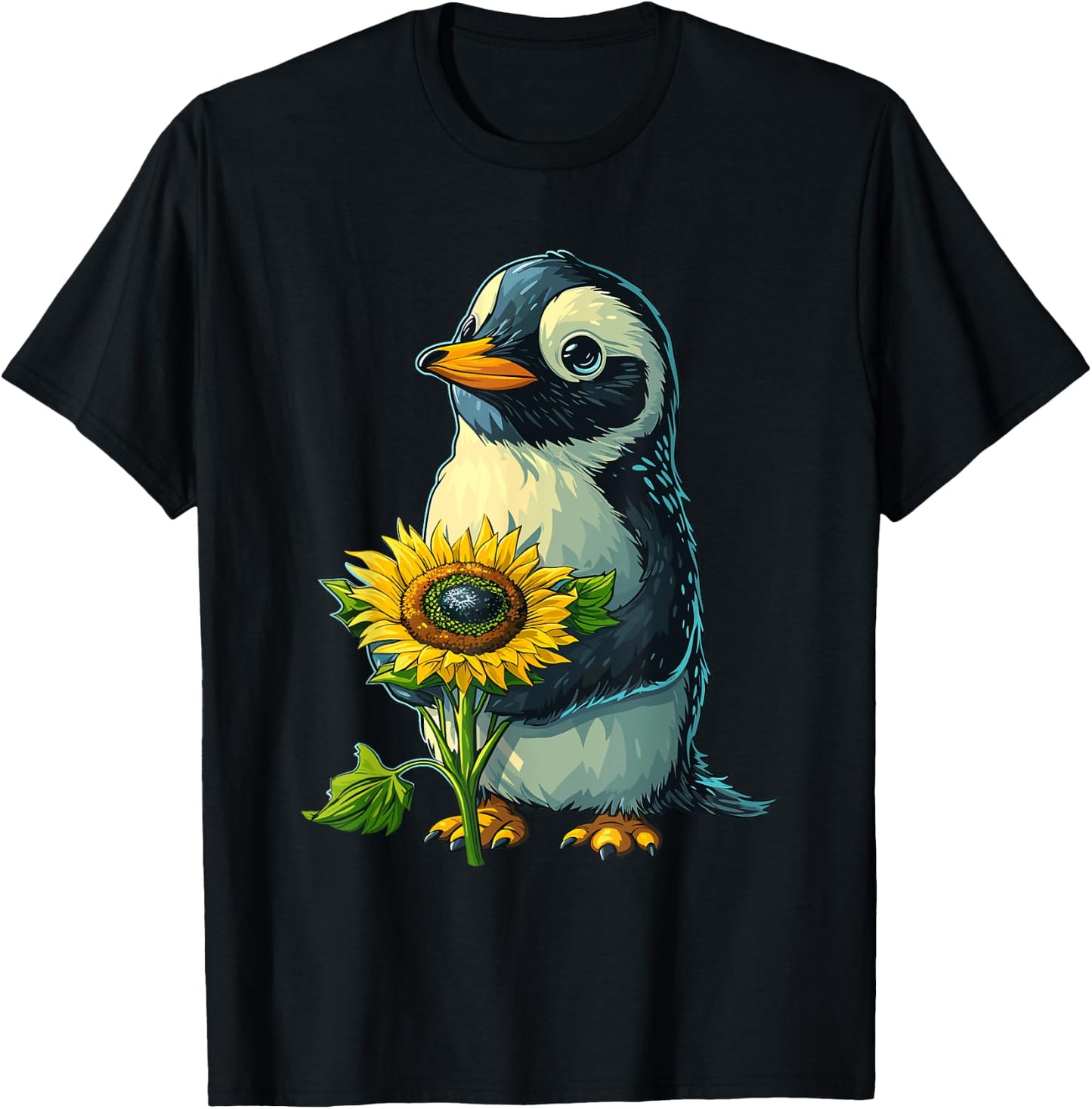Penguin Holding Sunflower Cute Penguin Lover T-Shirt - T-Shirt | Black