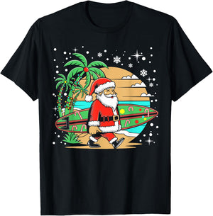 Surf Funny Surfboard Xmas Lights Santa Surfing Christmas T-Shirt - T-Shirt | Black