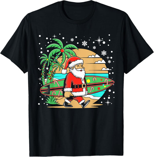 Surf Funny Surfboard Xmas Lights Santa Surfing Christmas T-Shirt - T-Shirt | Black