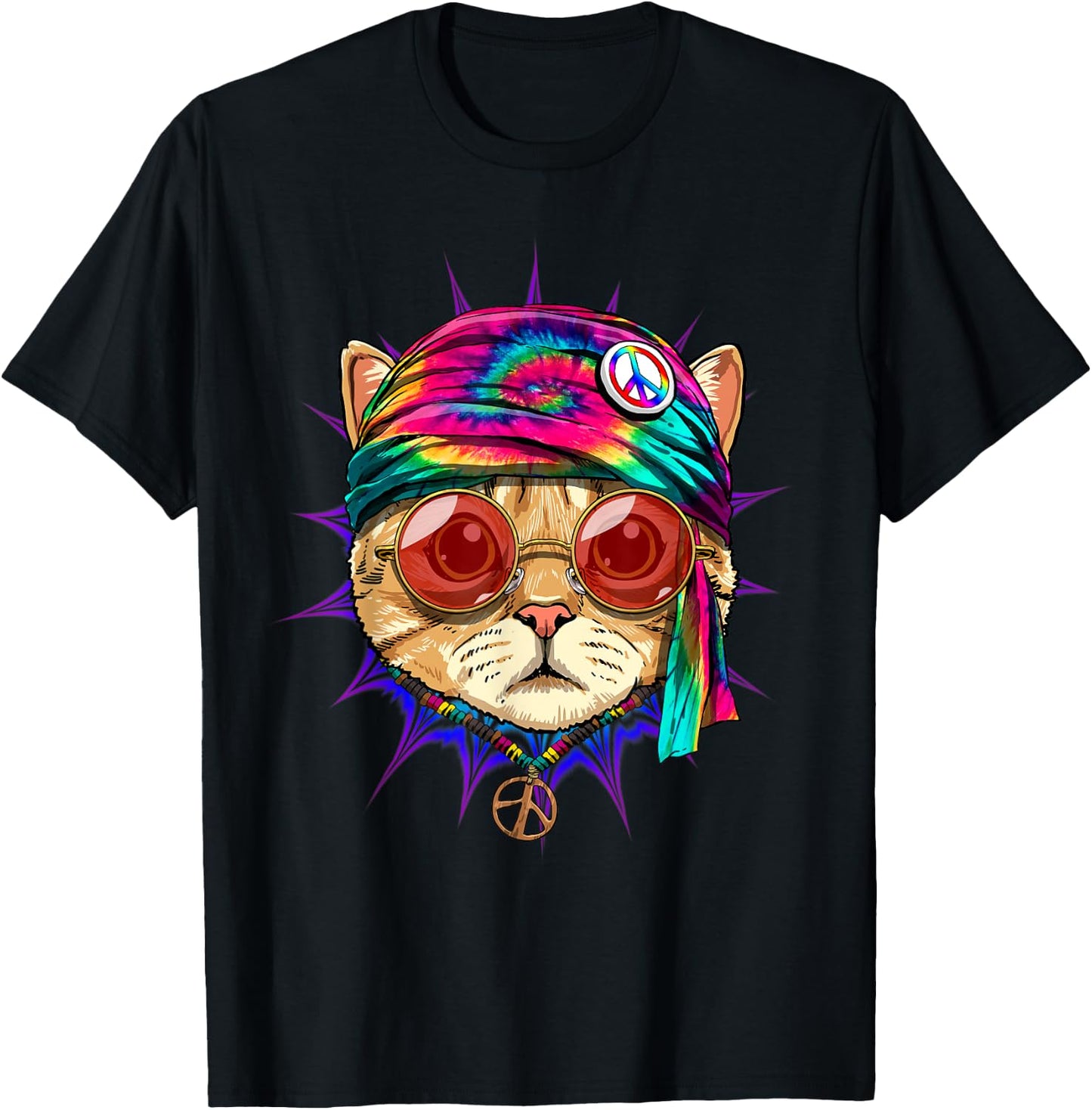 Tie Dye Cat Shirt Hippy Cat Peace Sign Cat Lover T-Shirt - T-Shirt | Black