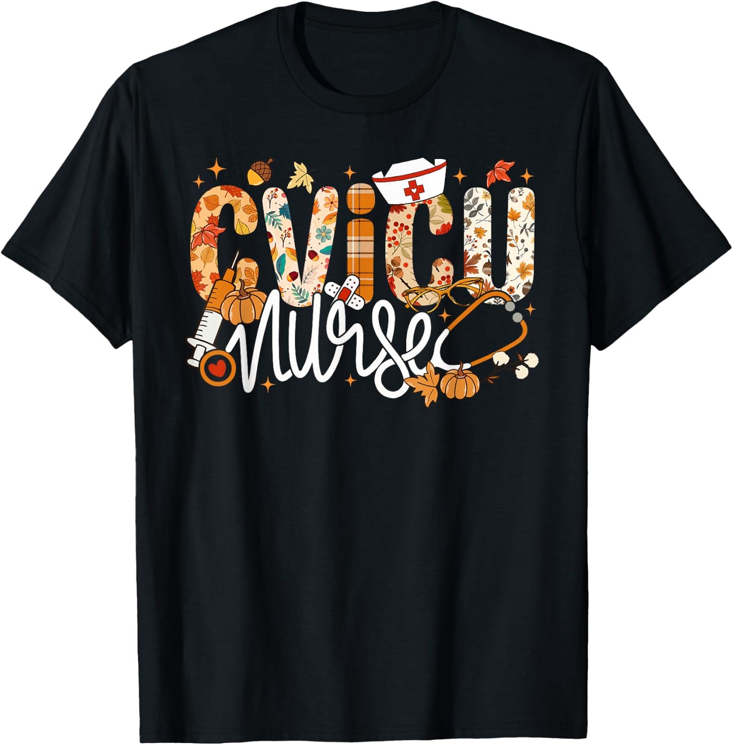 Stethoscope CVICU Nurse Fall Yall Autumn Leaves Thanksgiving T-Shirt - T-Shirt | Black