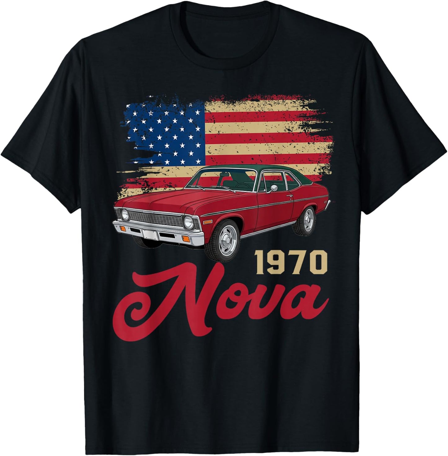 American Flag 1970 70 Nova Silhouette Muscle Car T-Shirt - T-Shirt | Black