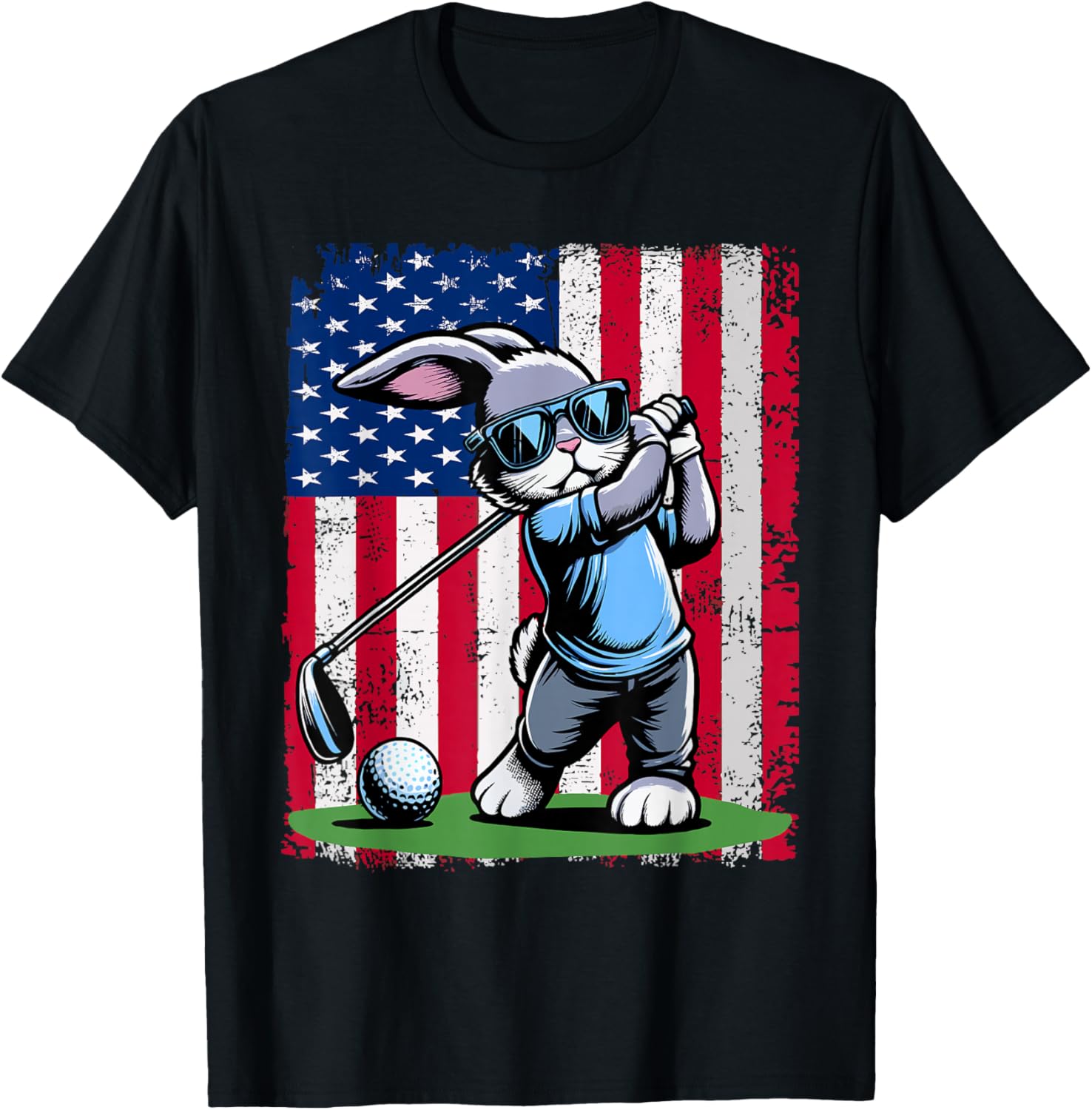 Golf Player Bunny Easter Egg Golfers American Flag T-Shirt - T-Shirt | Black