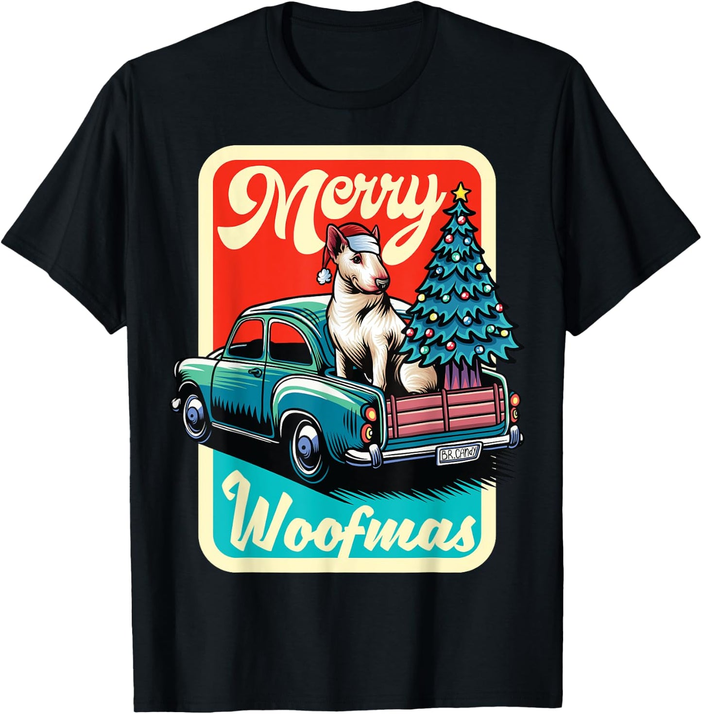 Bull Terrier Merry Christmas Tree Truck Dog X-Mas T-Shirt - T-Shirt | Black