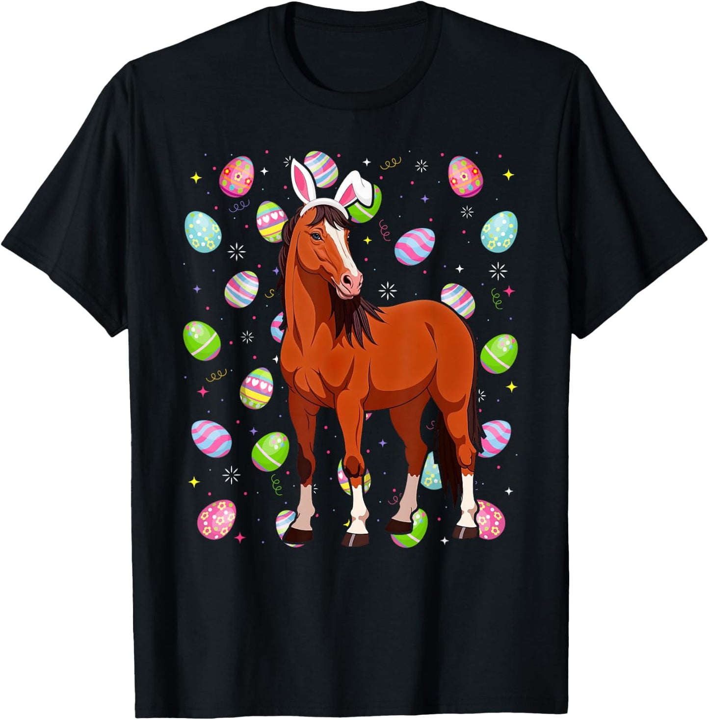 Horse Happy Easter Egg Hunt Bunny Ear Horse Easter T-Shirt - T-Shirt | Black