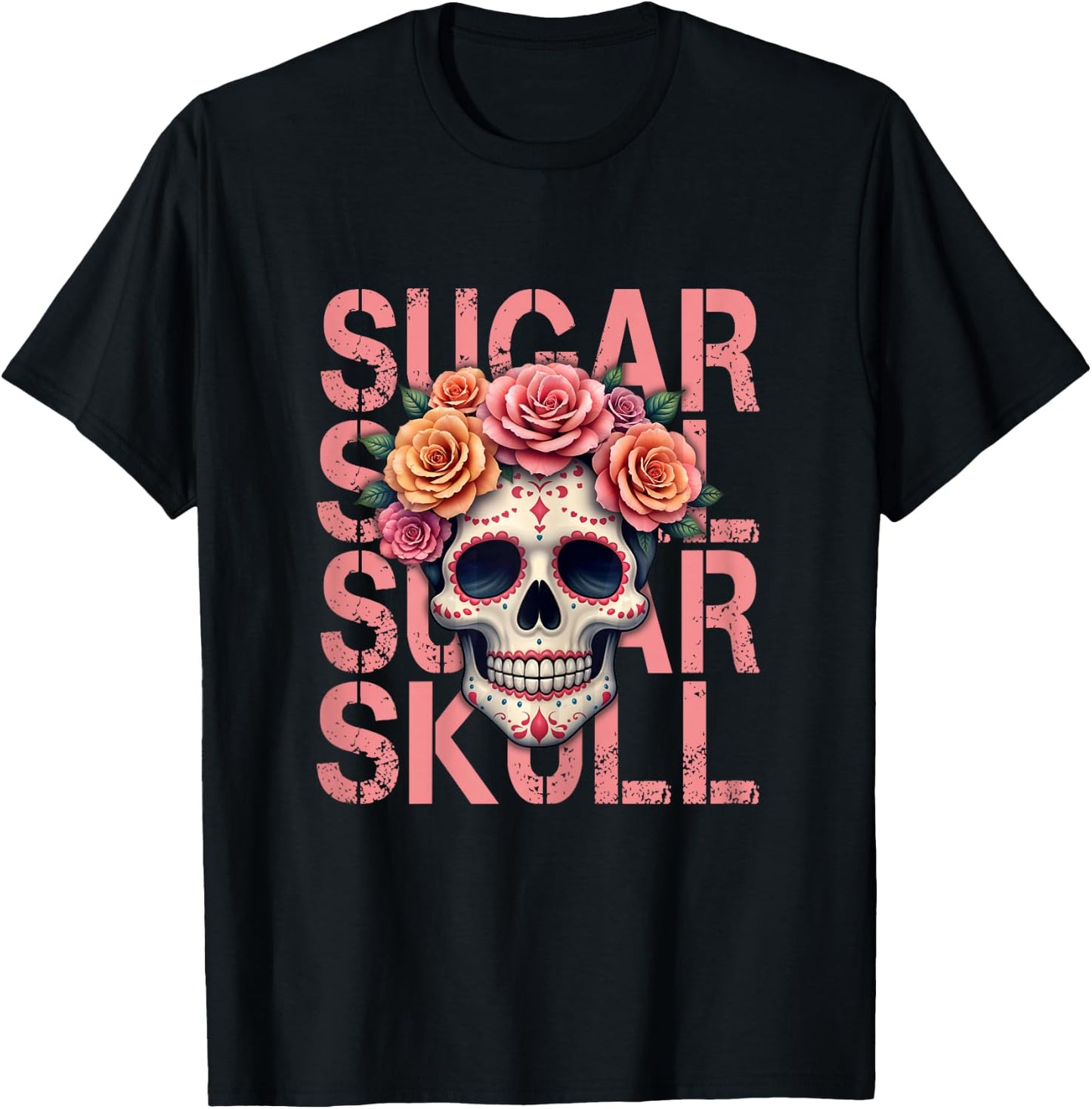 Mexican Skull Sugar Skull Dia de los Muertos , Black, Female X-Small T-Shirt - T-Shirt | Black