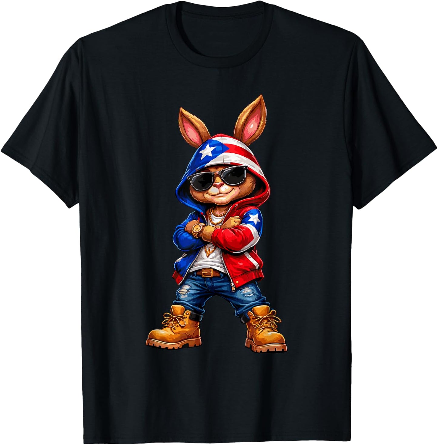 Cool Bunny Puerto Rican Flag Funny RABIT Vibes Boricua T-Shirt - T-Shirt | Black