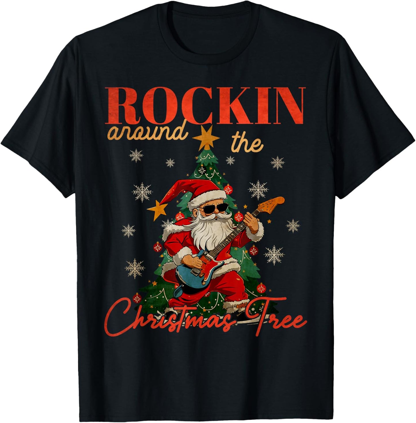 Rocking Around The Christmas Tree Santa Rock and Roll Guitar T-Shirt - T-Shirt | Black