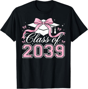Class of 2039 Grow with Me 2039 Graduation Pink Bow Girls T-Shirt - T-Shirt | Black
