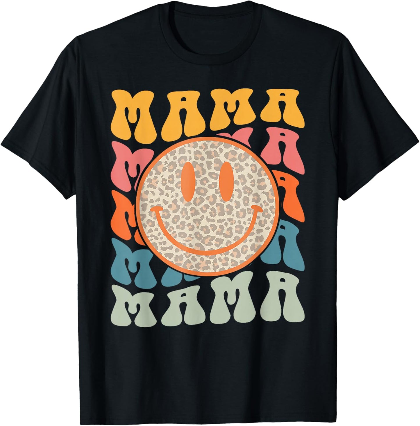 Retro Leopard Mama Groovy Face Trendy New Mama T-Shirt - T-Shirt | Black