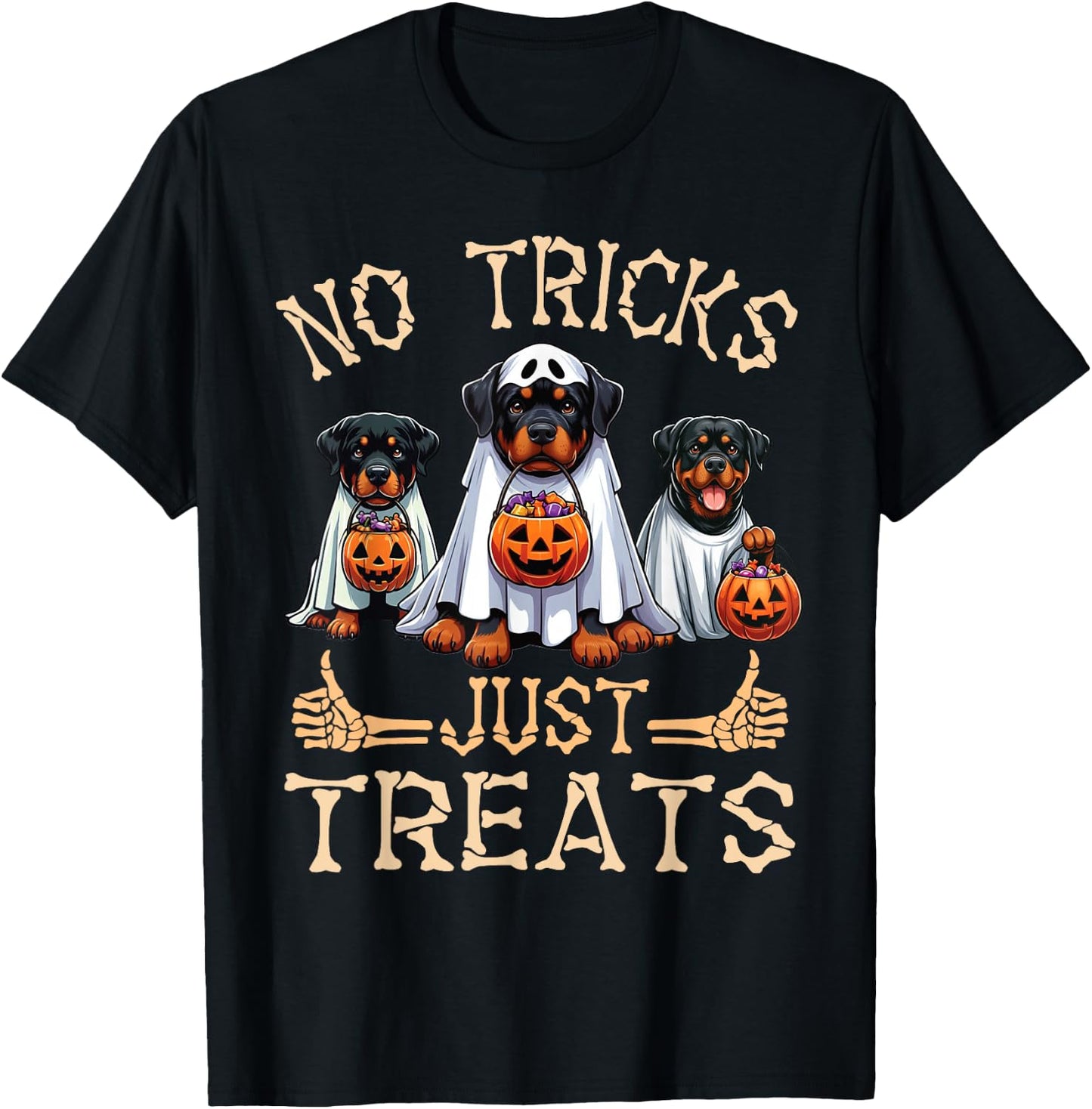 Rottweiler Dog Ghosts Pumpkin Candy No Tricks Just Treats T-Shirt - T-Shirt | Black