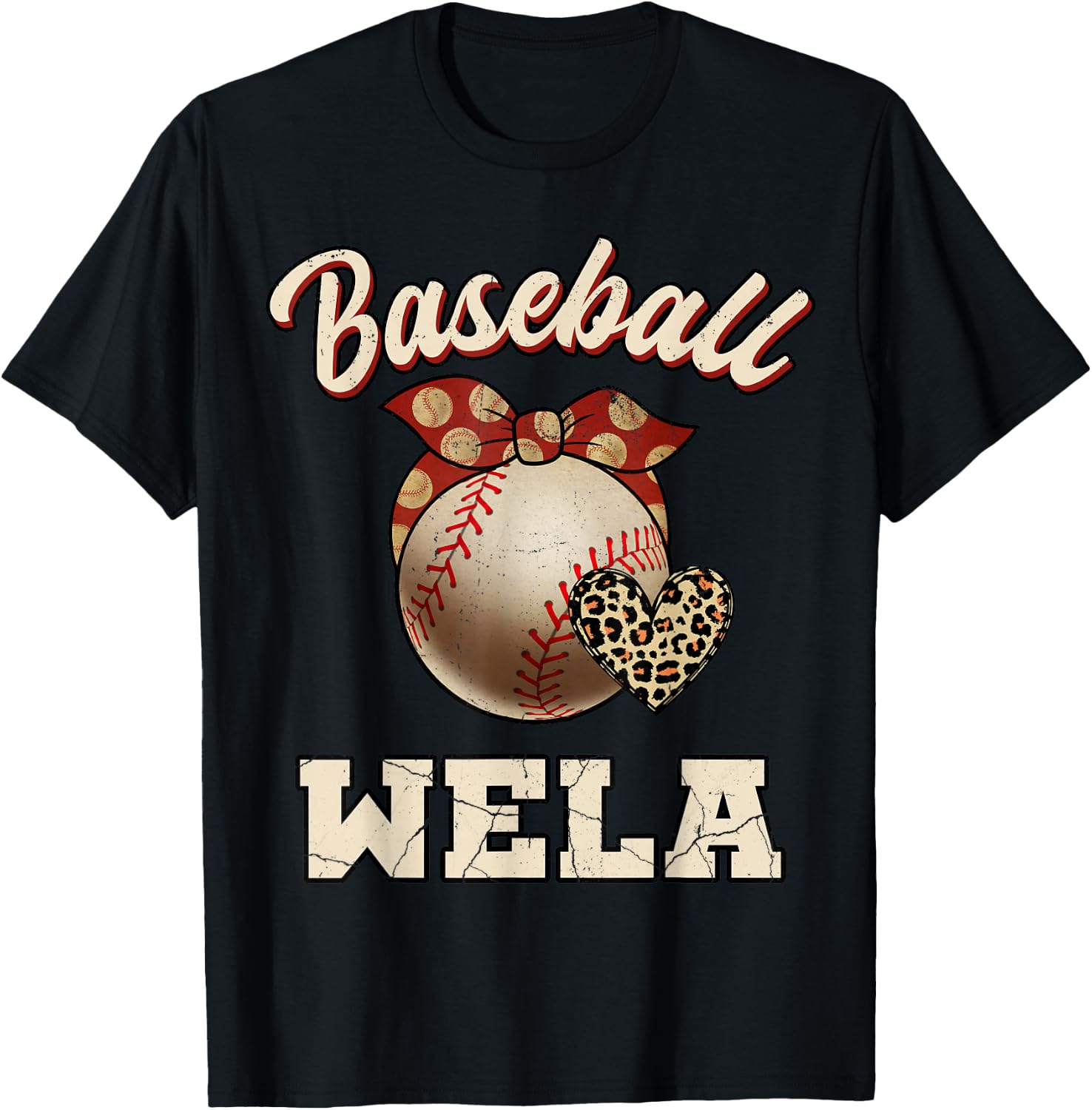 Baseball Wela Bandana Leopard Heart Fans Mother's Day T-Shirt - T-Shirt | Black