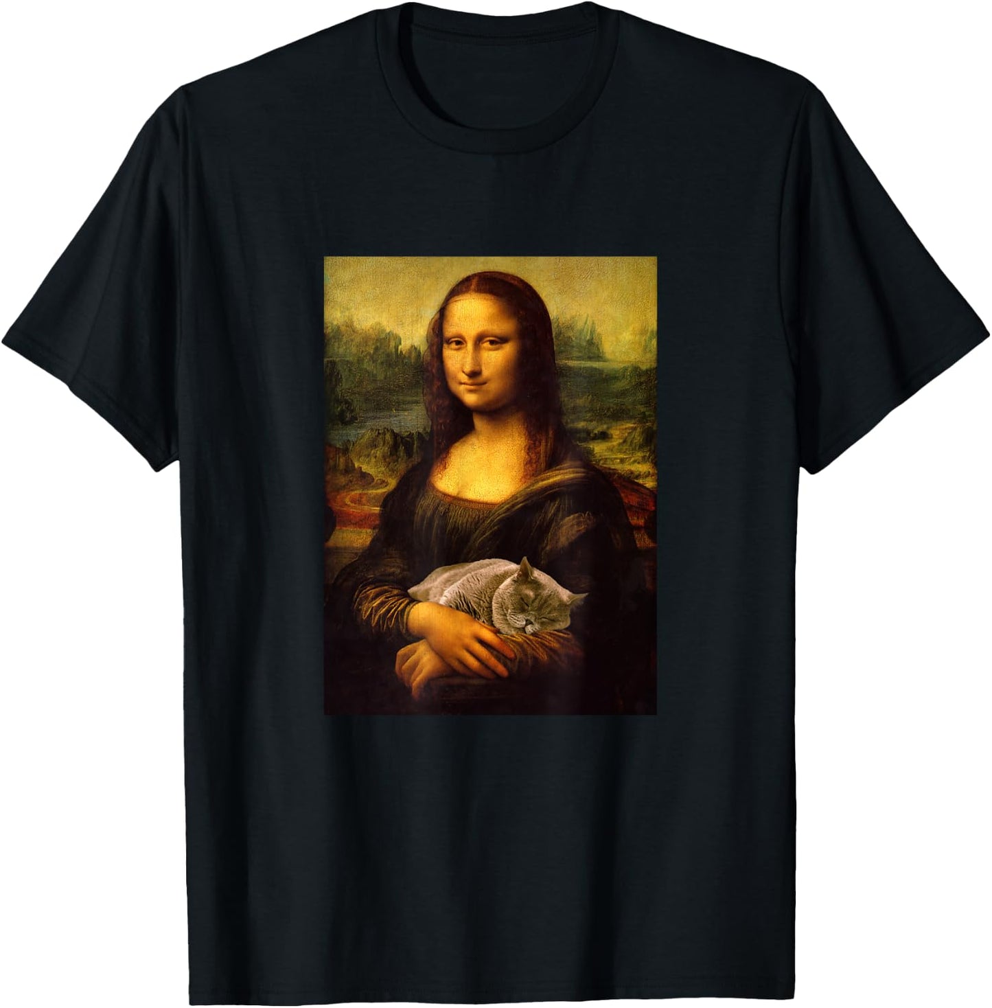 Cool Sarcastic Mona Lisa Carrying Her Cat Graphic Designs T-Shirt - T-Shirt | Black