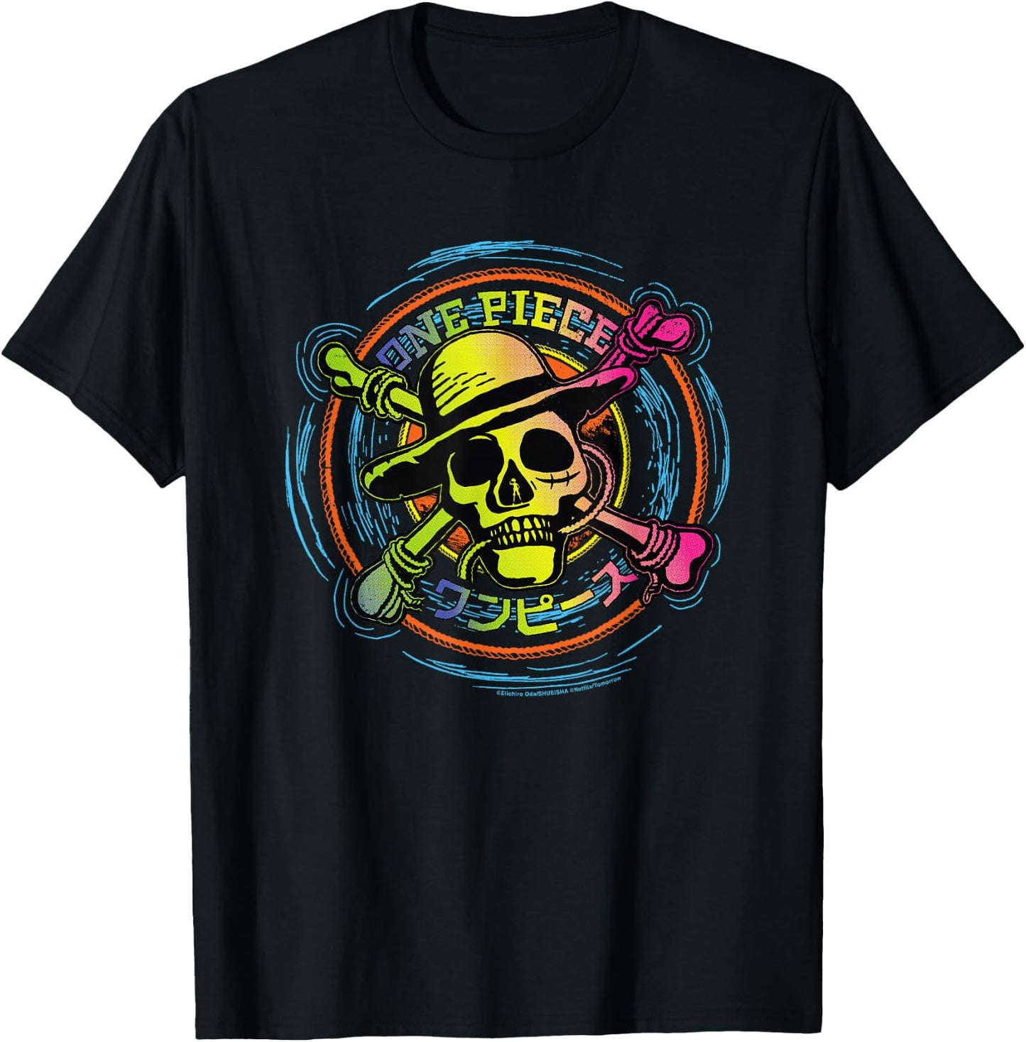 Straw Hat One Piece Anime Pirates Color Logo Kanji , Black, S T-Shirt - T-Shirt | Black