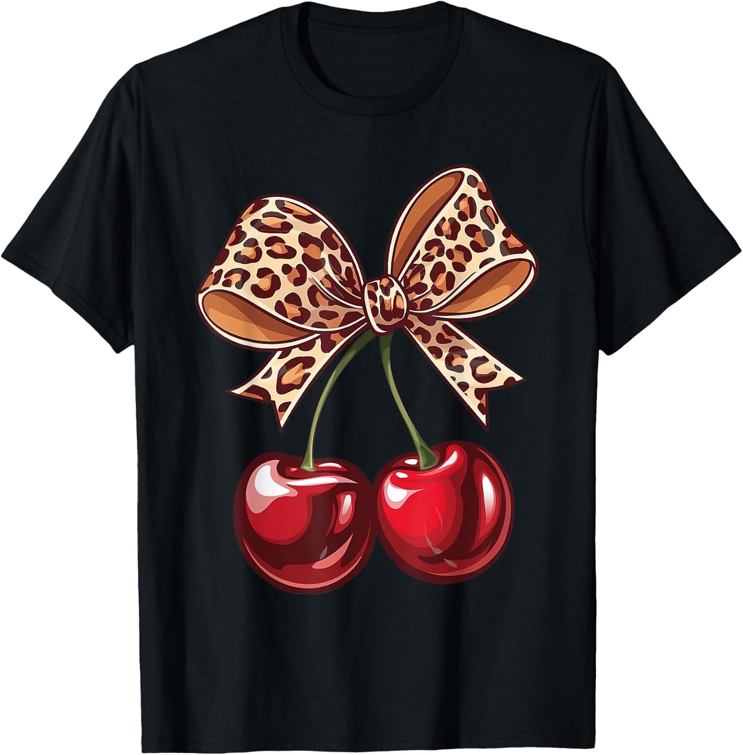 Coquette Cherry Leopard Ribbon Bow Women Girls T-Shirt - T-Shirt | Black