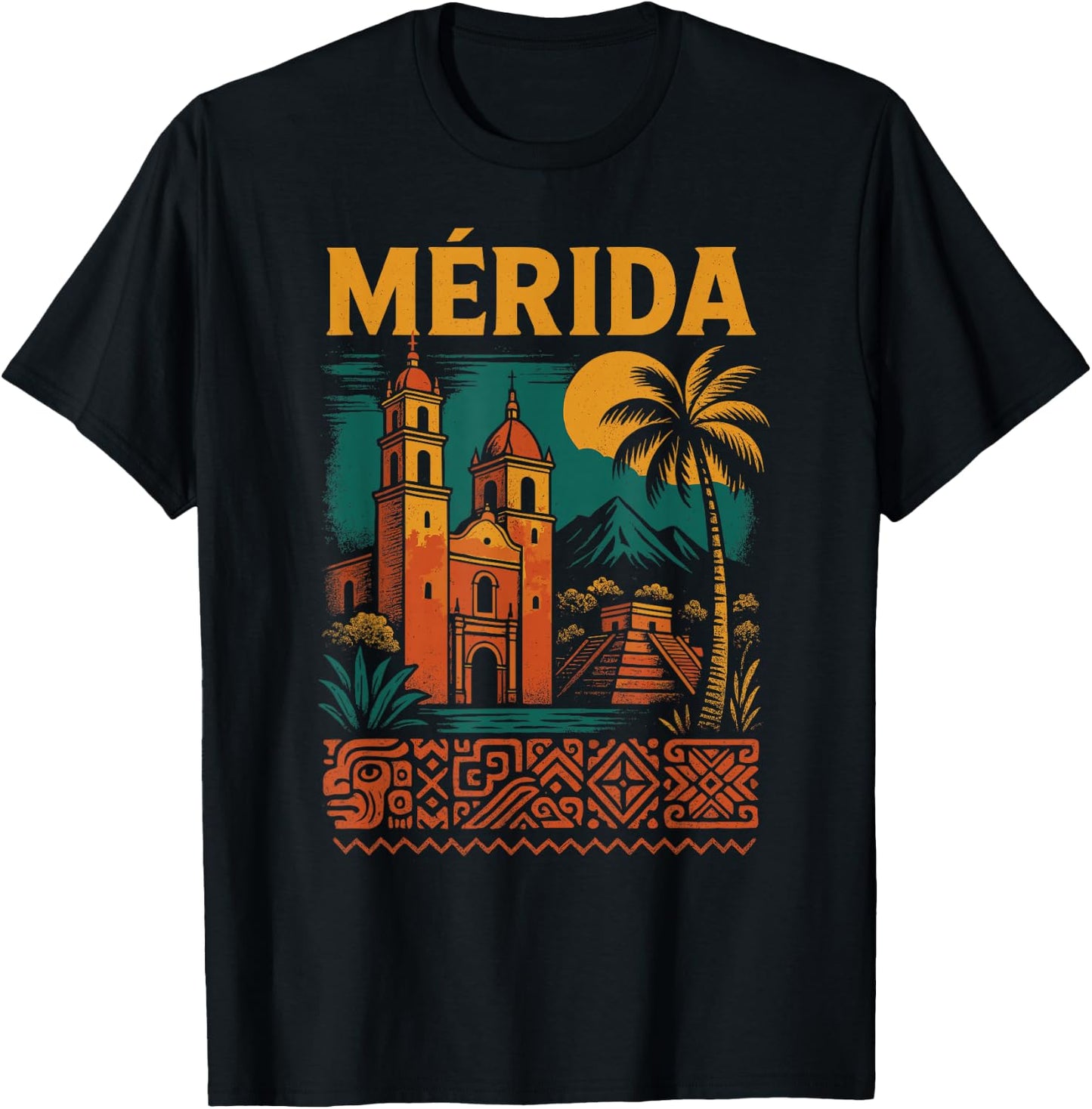 Merida Mexico Retro Yucatan Travel Art Cathedral Mexican T-Shirt - T-Shirt | Black
