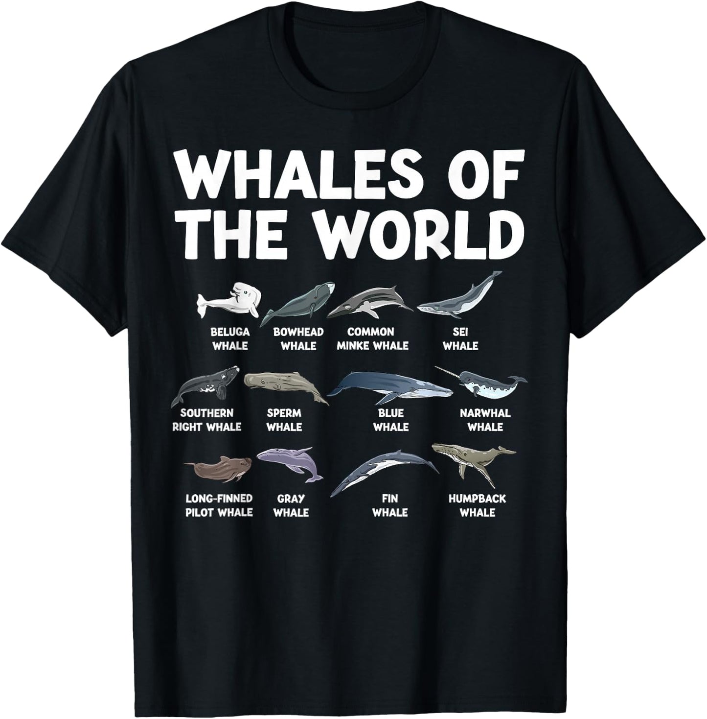 Whales Of The World Kawaii Types Of Whales Sea Animal Whale T-Shirt - T-Shirt | Black