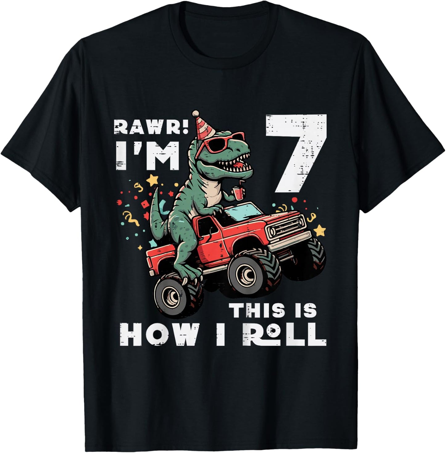 Kids Rawr Im 7 Dino This How I Roll 7th Birthday Trex Bday Boys T-Shirt - T-Shirt | Black