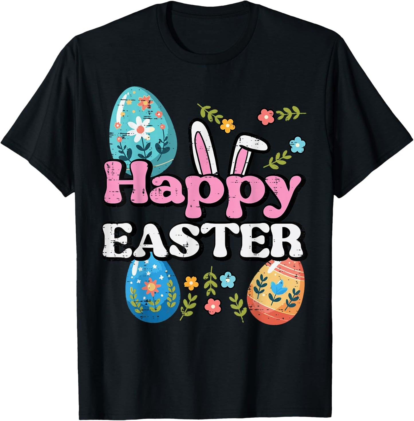 Happy Easter Bunny Ears Eggs Flowers Spring Women Kids Men T-Shirt - T-Shirt | Black
