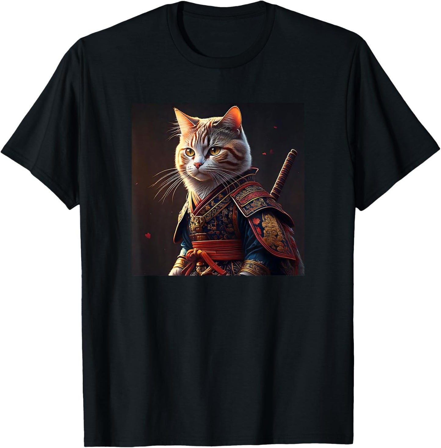 Kawaii Samurai Cat Portrait - Vintage Japanese Art Anime Cat T-Shirt - T-Shirt | Black