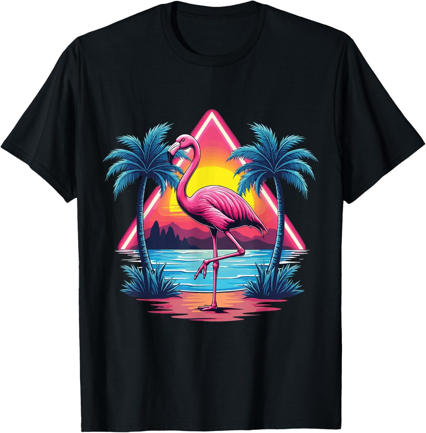 Flamingo Summer Vibes Retro Beach Palm Tree Sunset Flamingo T-Shirt - T-Shirt | Black