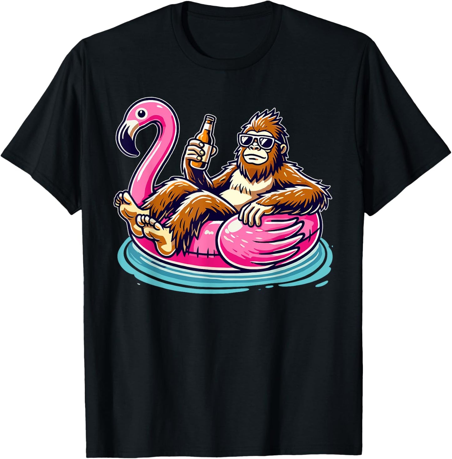 Bigfoot Chilling on Flamingo Float with Beer Fun Summer Vibe T-Shirt - T-Shirt | Black