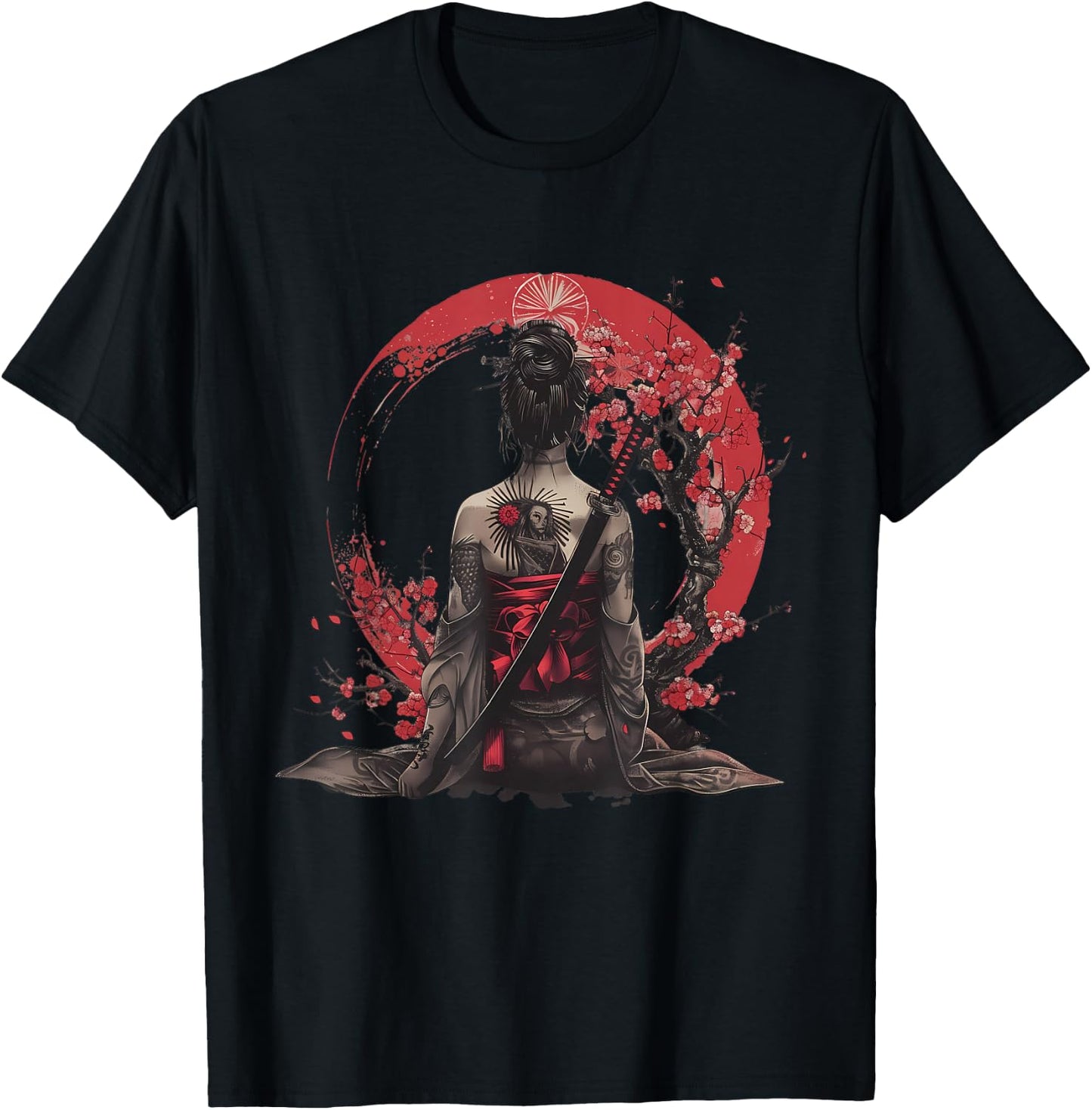 Japanese Samurai Girl Sakura Cherry Blossom Japanese Geisha , black T-Shirt - T-Shirt | Black