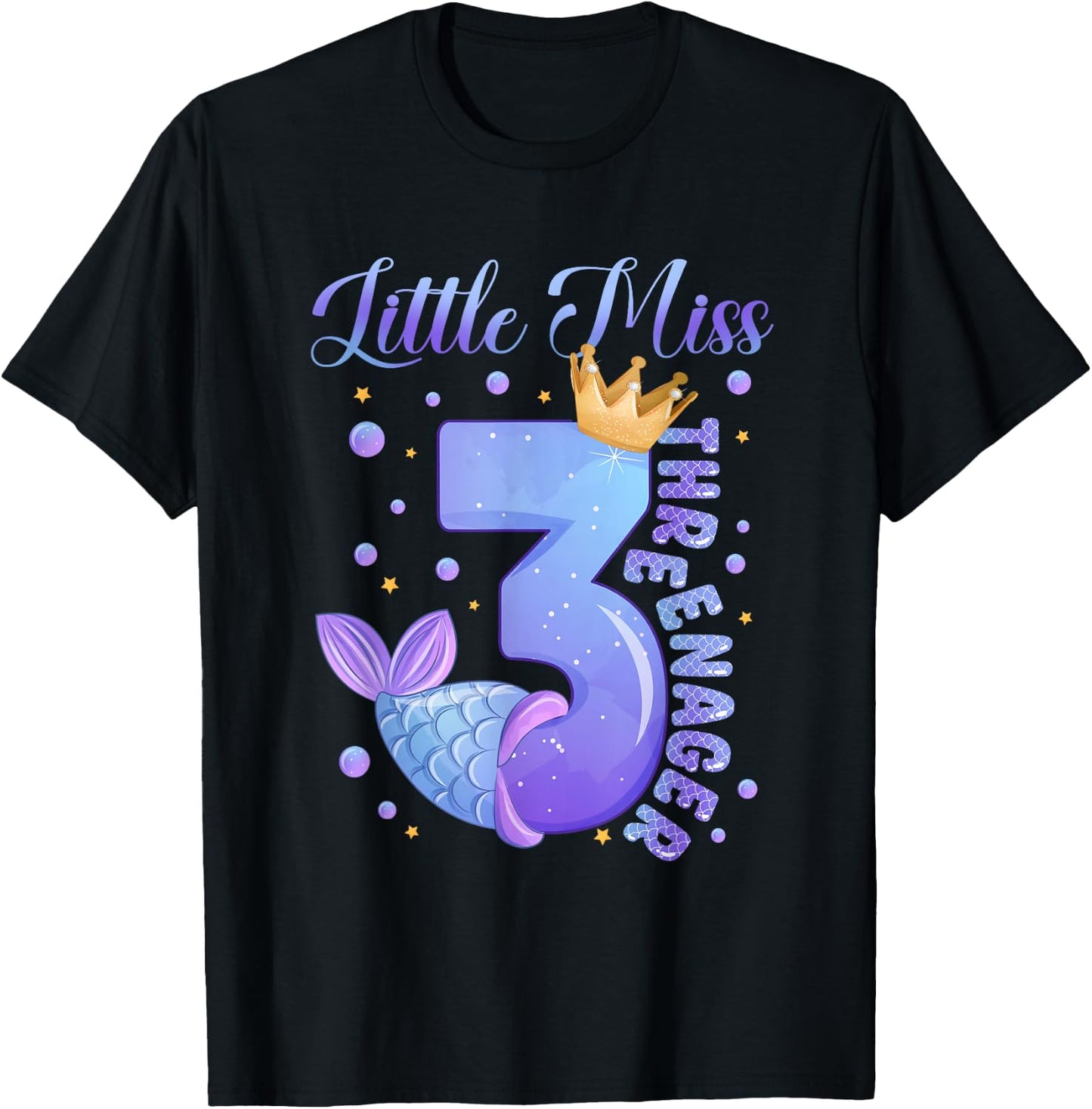 Little Miss Threenager Birthday Decorations Mermaid Girl T-Shirt - T-Shirt | Black