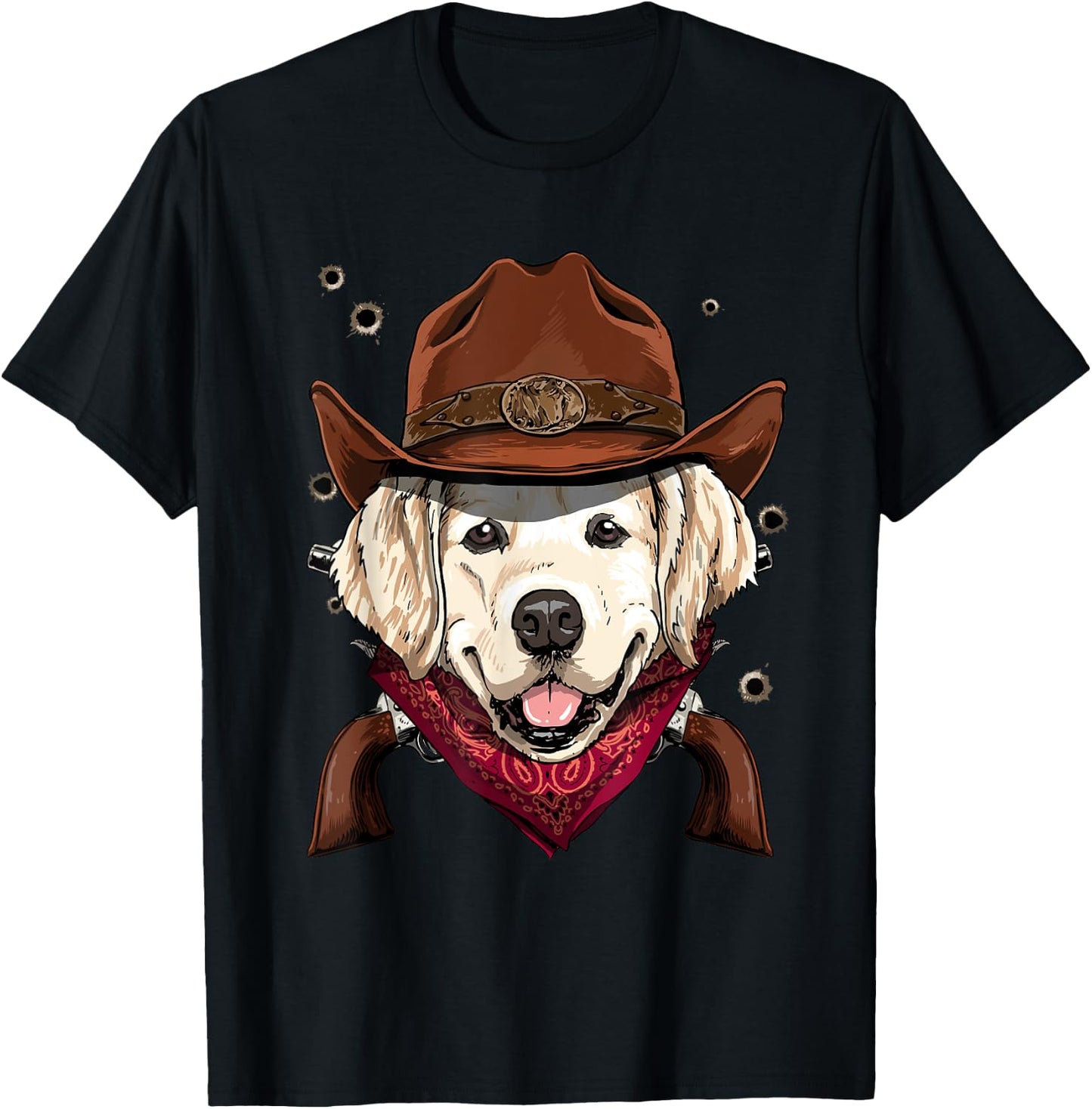 Cowboy Golden Retriever Western Rodeo Cowboy Hat and Bandana T-Shirt - T-Shirt | Black