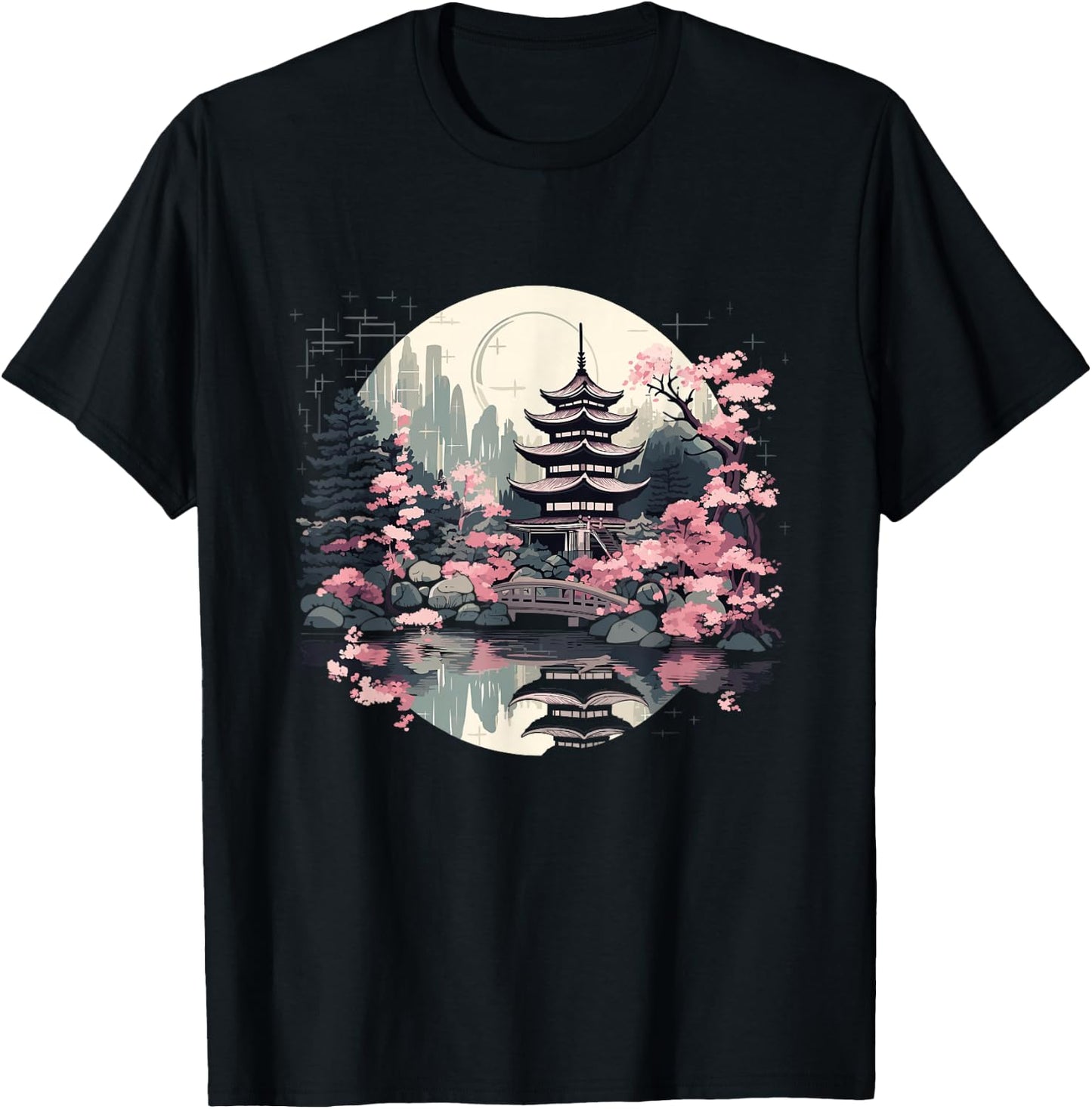 Japanese Landscape with Japanese Cherry Blossoms , black T-Shirt - T-Shirt | Black