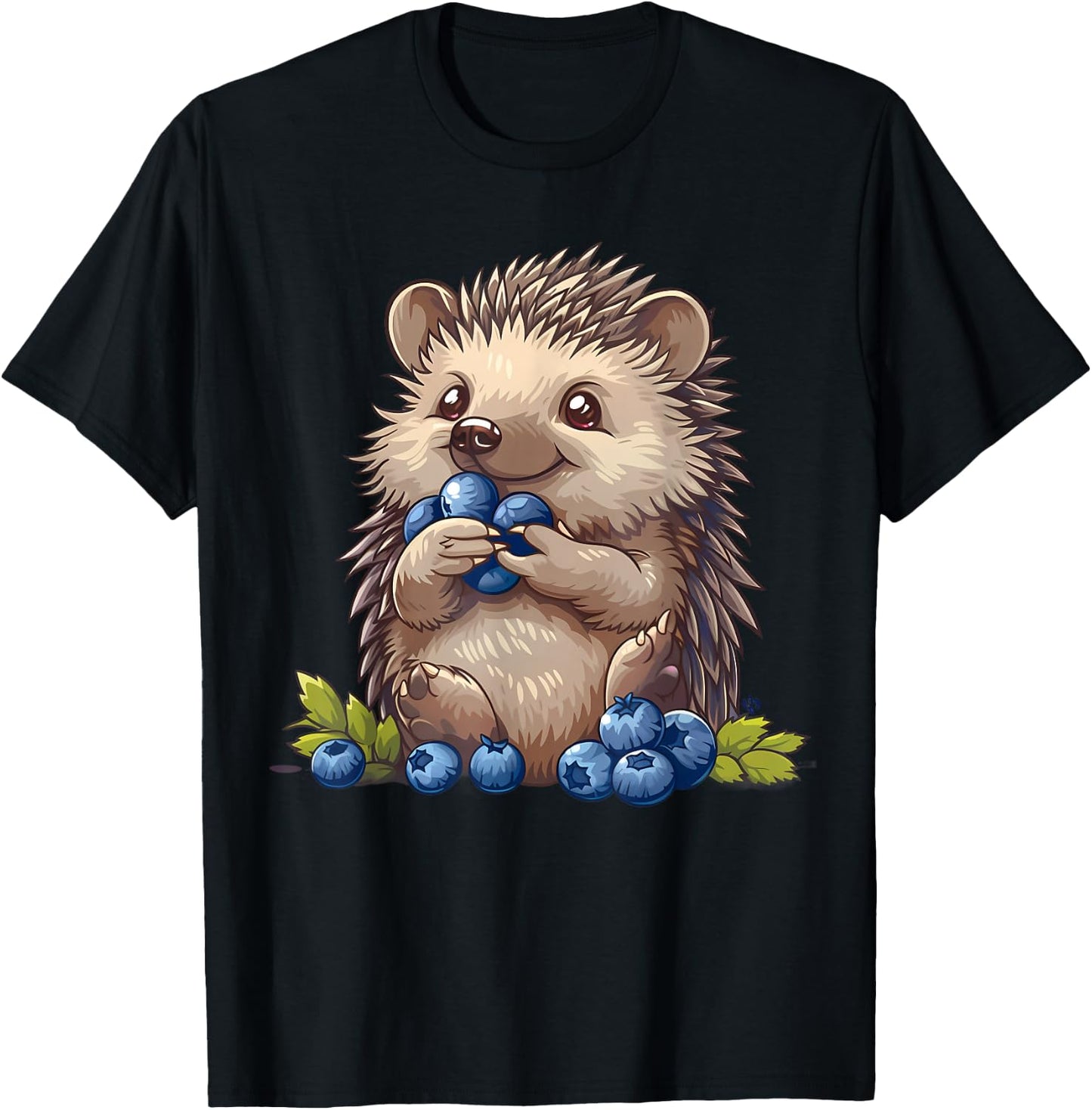 Blueberry Cute Hedgehog Drawing Watercolor Hedgehog Pattern , Black, S T-Shirt - T-Shirt | Black