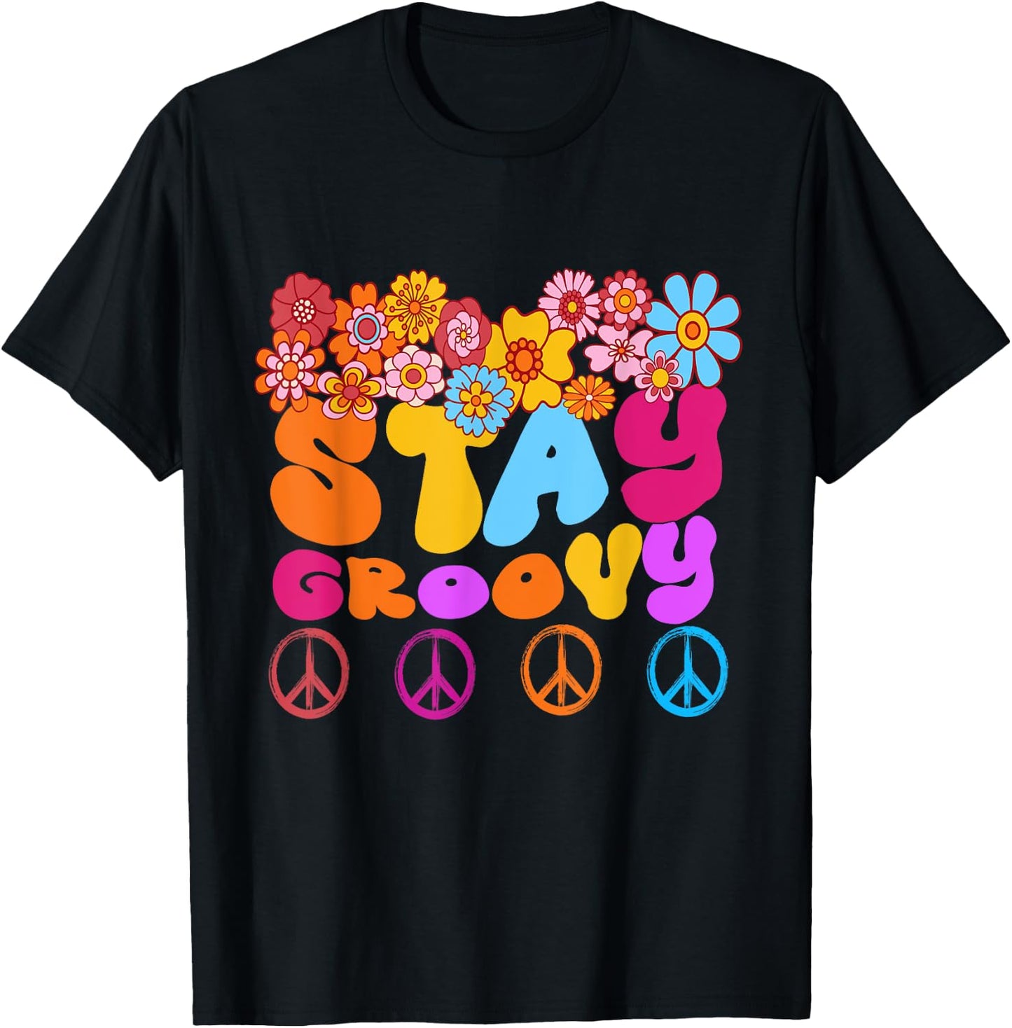 Retro 60s 70s Peace Stay Groovy Sunflowers Positive Mind T-Shirt - T-Shirt | Black