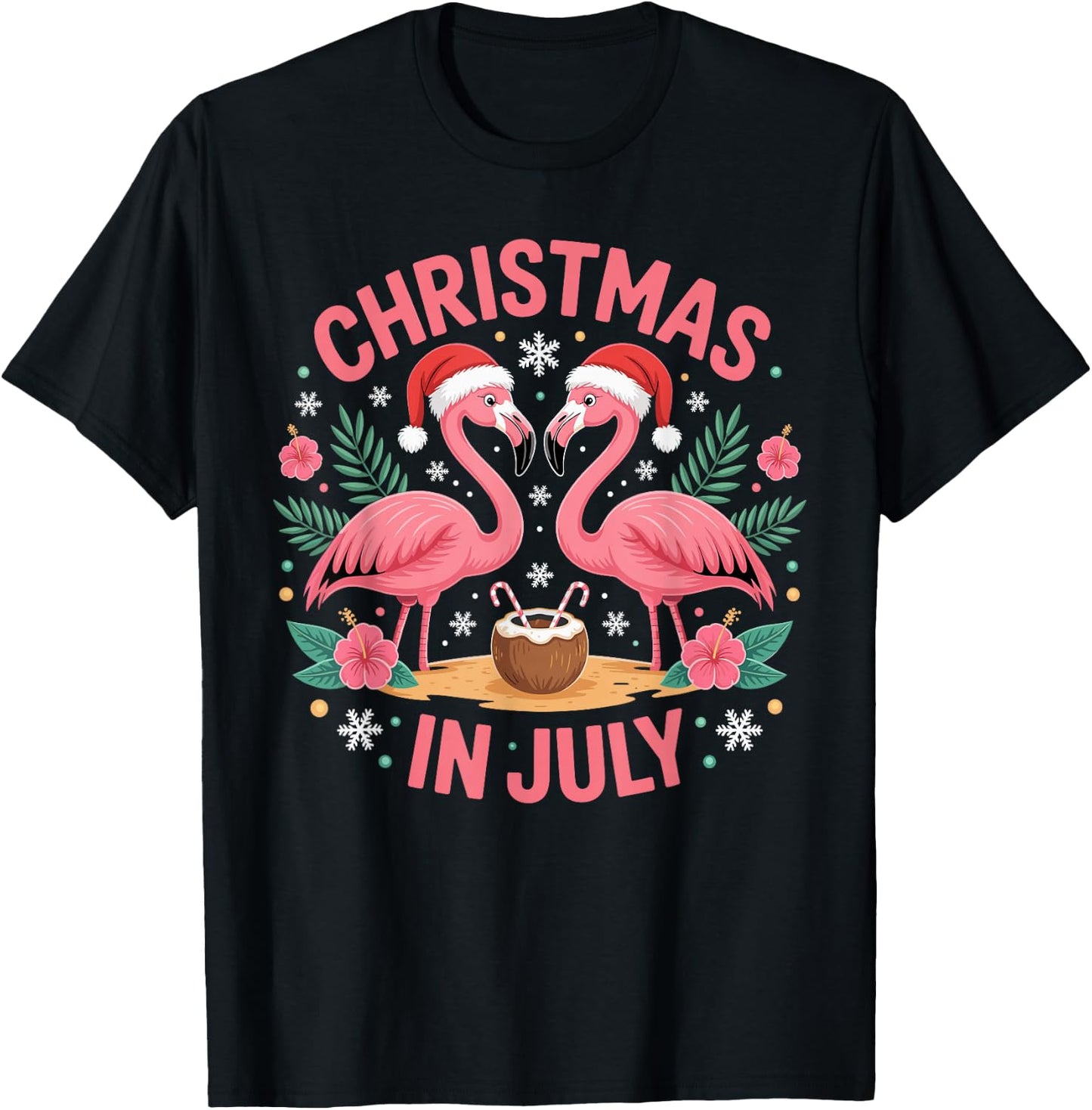 Christmas in July Men Women Flamingo Beach Summer Xmas T-Shirt - T-Shirt | Black