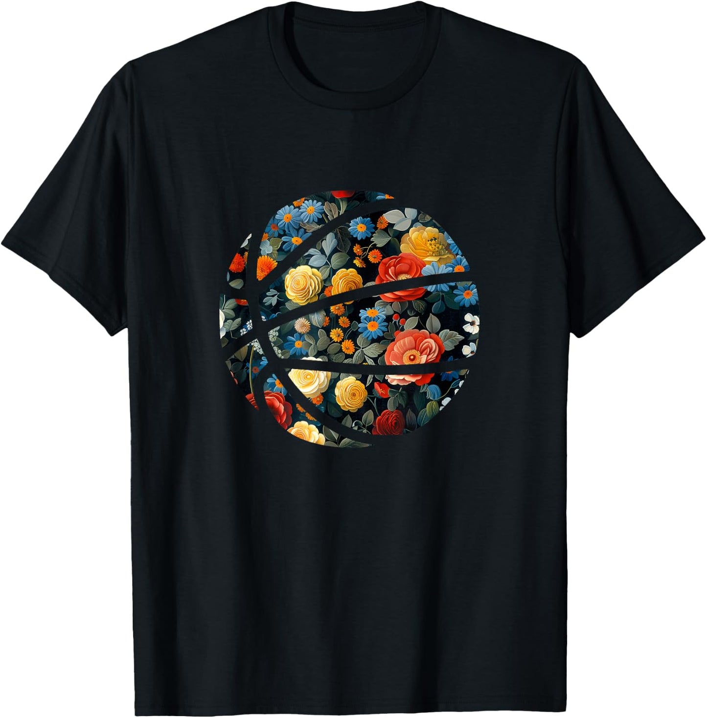 Basketball Silhouette Flowers Botanical Floral T-Shirt - T-Shirt | Black