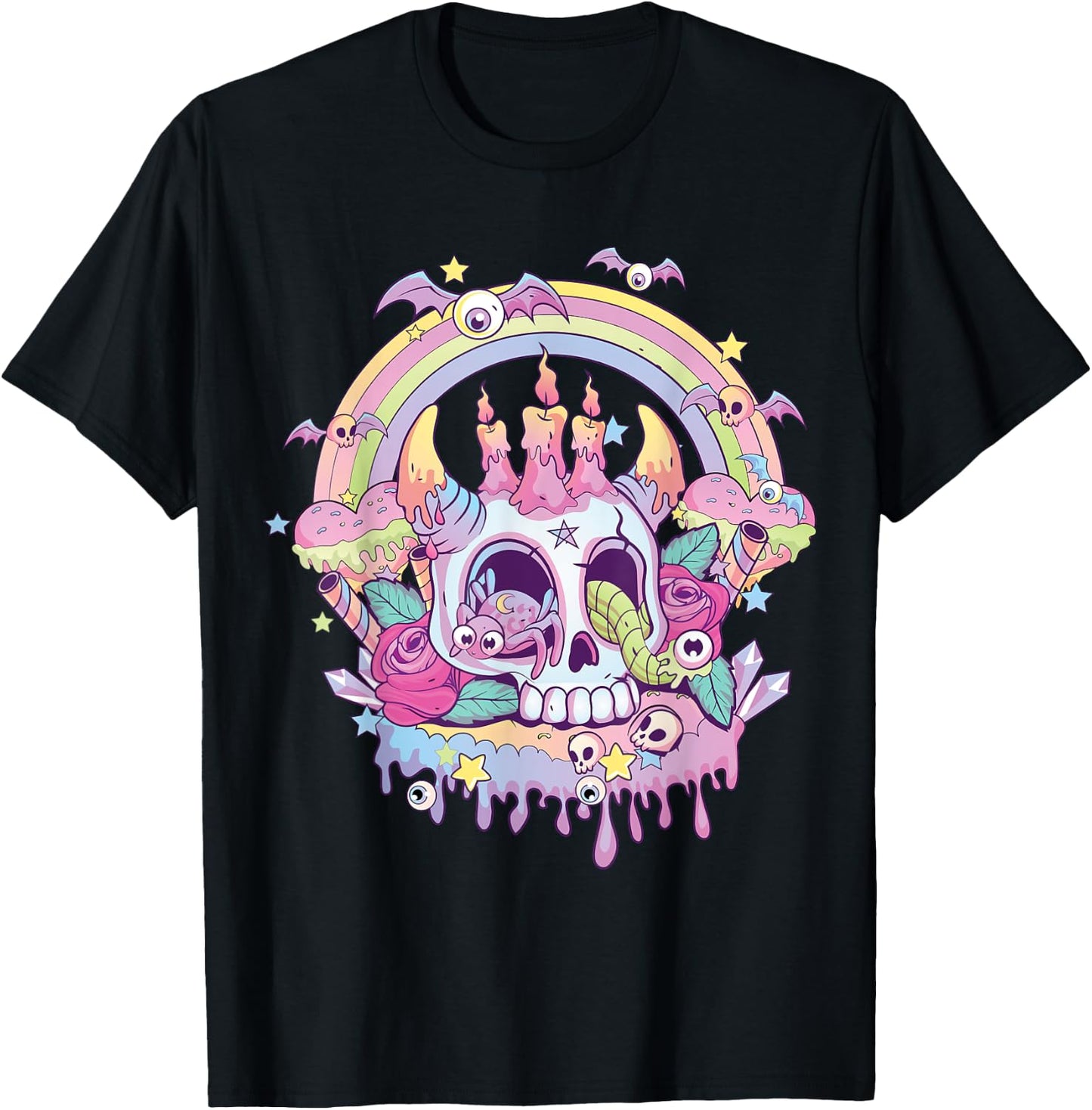 Pastel Goth Cute Creepy Satanic Skull Kawaii Occult Menhera T-Shirt - T-Shirt | Black