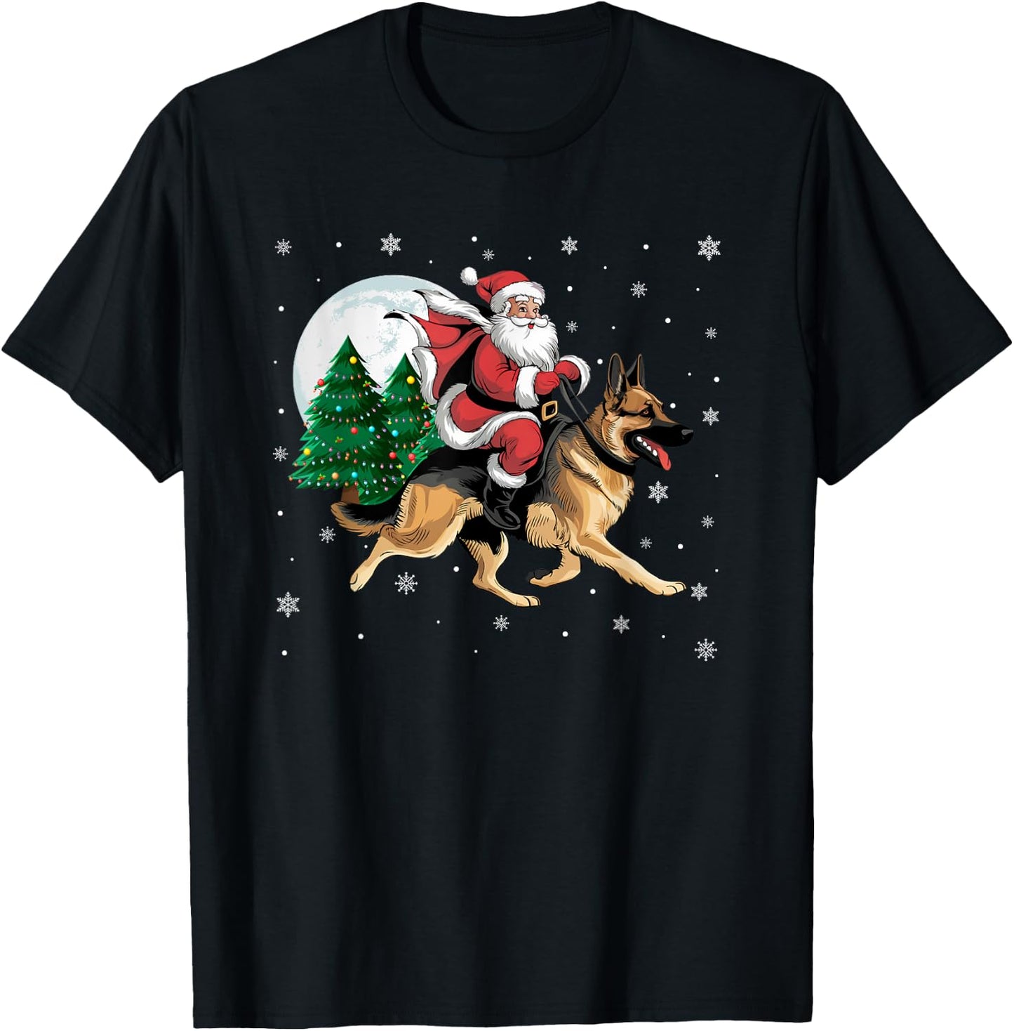 Santa Claus Riding German Shepherd Dog Christmas Tree Lights T-Shirt - T-Shirt | Black