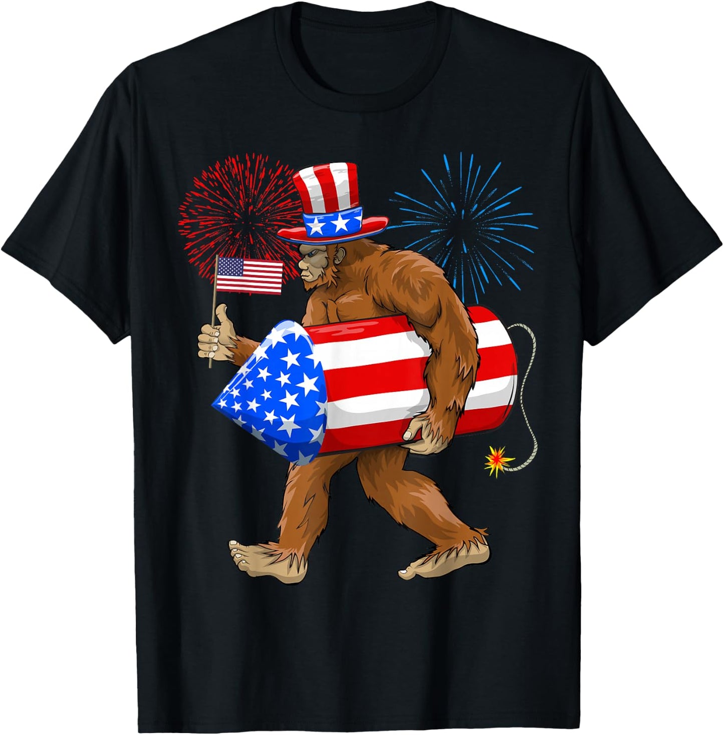 Patriotic Bigfoot, 4th of July, American Flag, Sasquatch T-Shirt - T-Shirt | Black