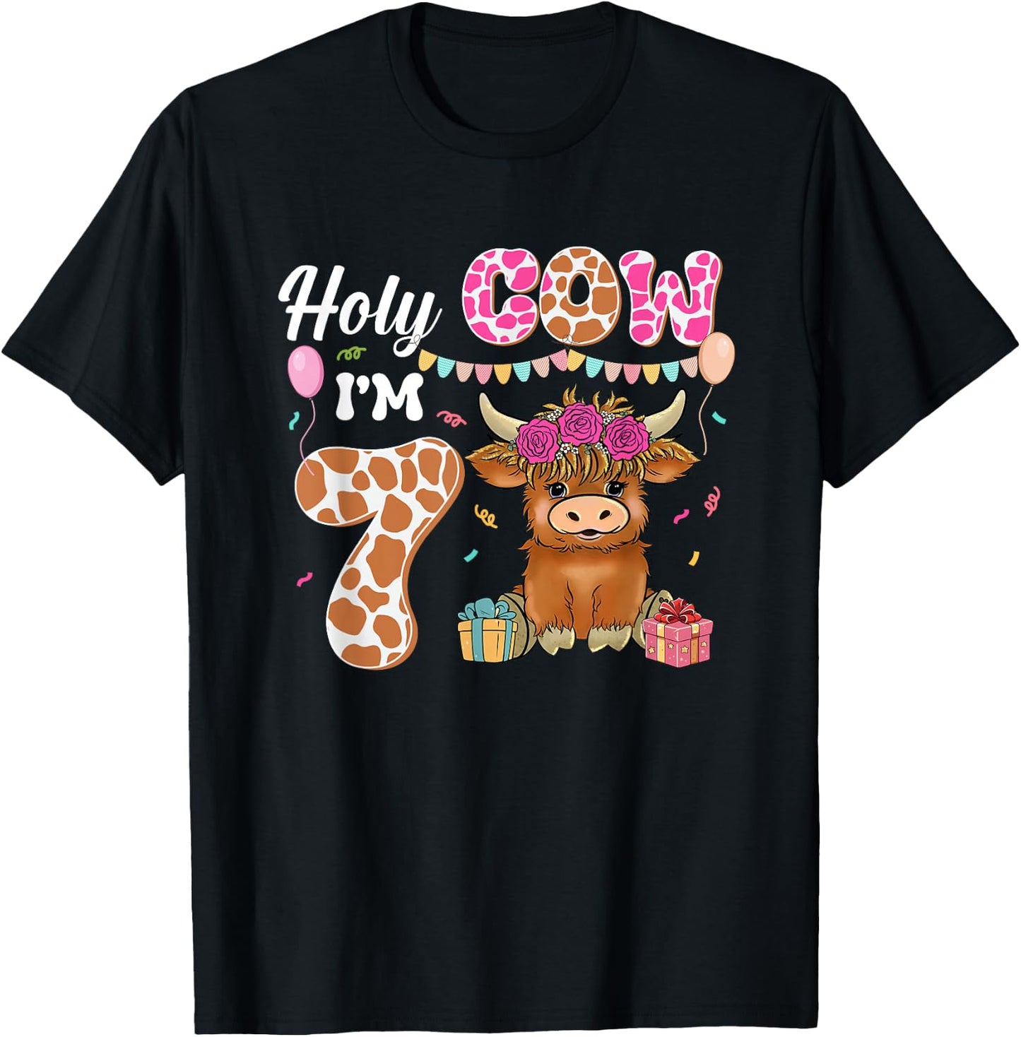 Holy Cow I'm 7 Highland Cow Farming 7th Birthday 7 Years Old T-Shirt - T-Shirt | Black