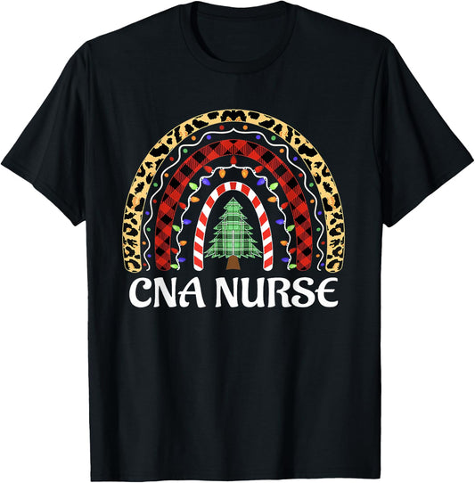 Christmas CNA Nurse Leopard Rainbow Nurse Xmas Christmas T-Shirt - T-Shirt | Black