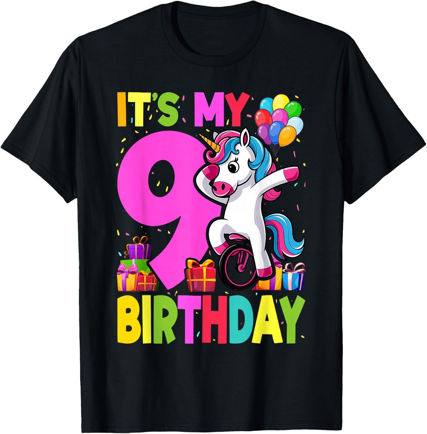 It's My 9 Birthday Dabbing Unicorn Pony 9th Birthday T-Shirt - T-Shirt | Black