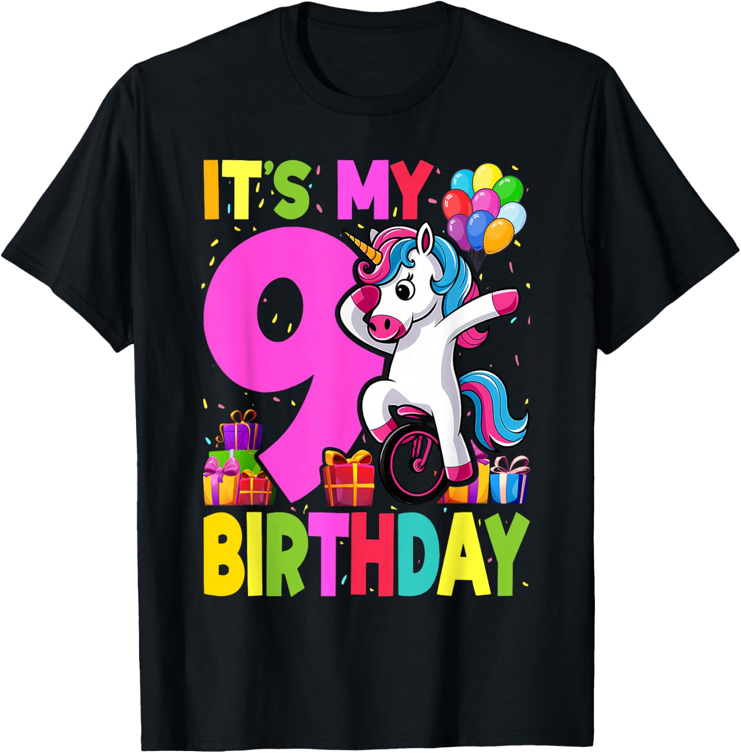 It's My 9 Birthday Dabbing Unicorn Pony 9th Birthday T-Shirt - T-Shirt | Black