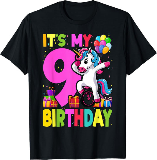 It's My 9 Birthday Dabbing Unicorn Pony 9th Birthday T-Shirt - T-Shirt | Black