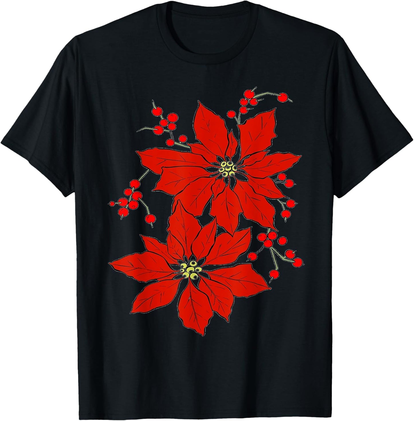 Red Poinsettia Happy Merry Christmas T-Shirt - T-Shirt | Black