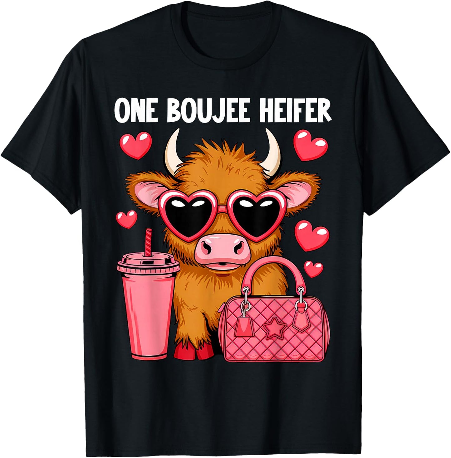 Highland Cow One Boujee Heifer Fashion Pink Cow T-Shirt - T-Shirt | Black