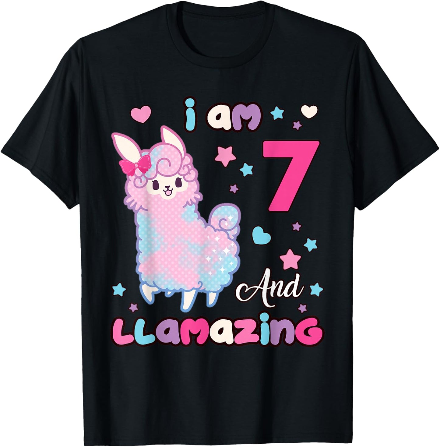 7 Years Old 7th Birthday Girl Llama I Am Seven and Llamazing T-Shirt - T-Shirt | Black