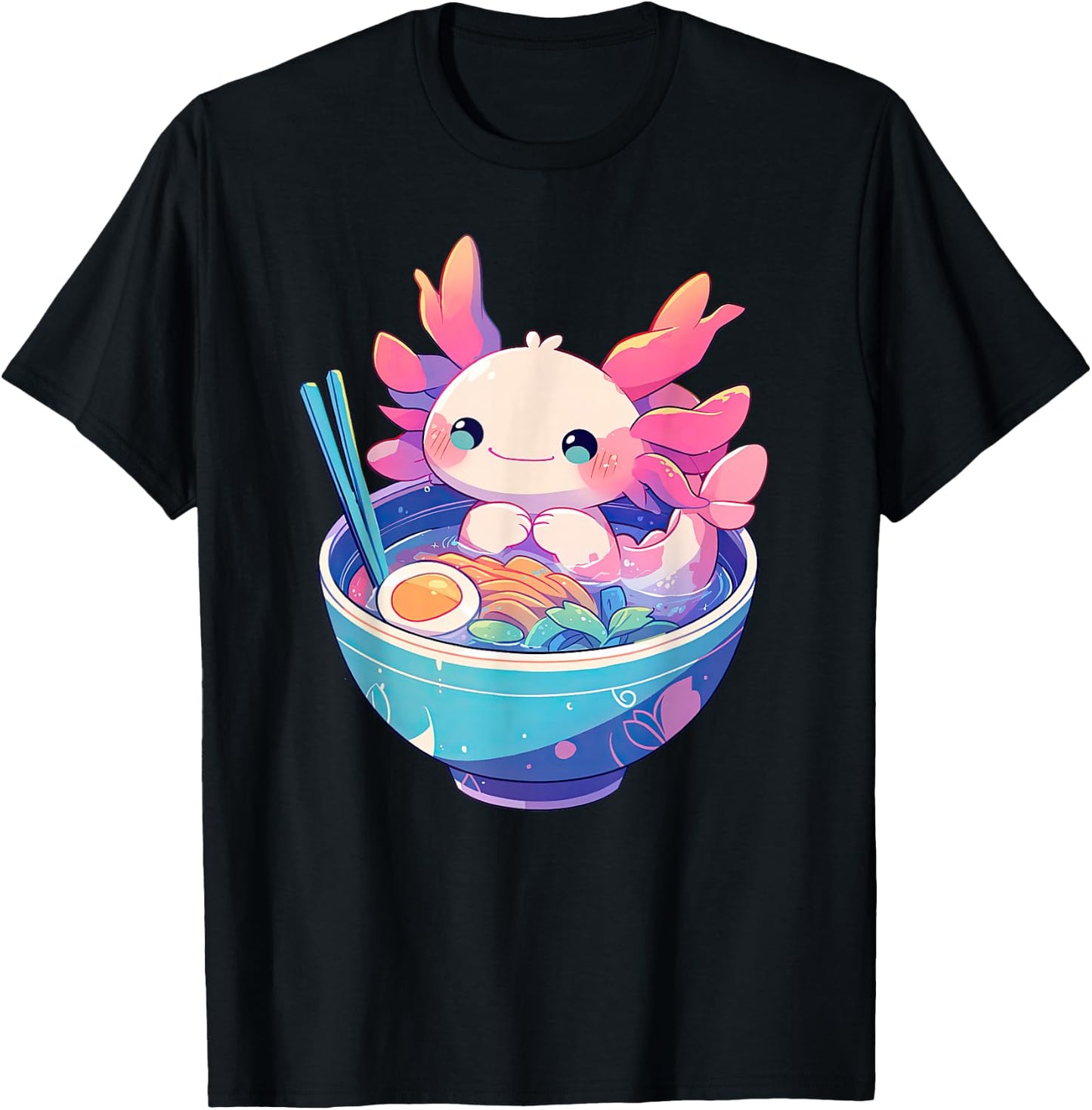 Kawaii Pastel Goth Cute Pink Axolotl in a Bowl of Ramen T-Shirt - T-Shirt | Black