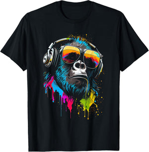 Monkey DJ with Headphones and Sunglasses Gorilla Musik , Black, S T-Shirt - T-Shirt | Black